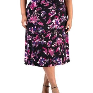 KASPER Plus Size Women's Bright Multi- Color Floral Pull On Midi Skirt 1X